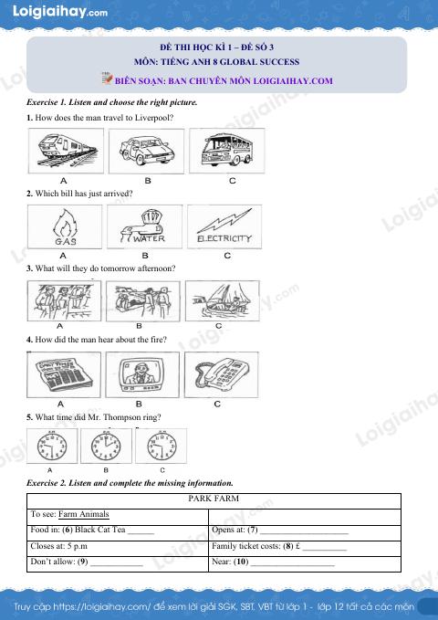 Đề thi học kì 1 Tiếng Anh 8 Global Success - Đề số 3